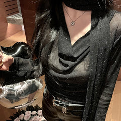 pantsparadises y2k Mesh Shirt Women Party Glitter See Through Cowl Neck Long Sleeve Tops 2000s Aesthetic Clothing Club Streetwear