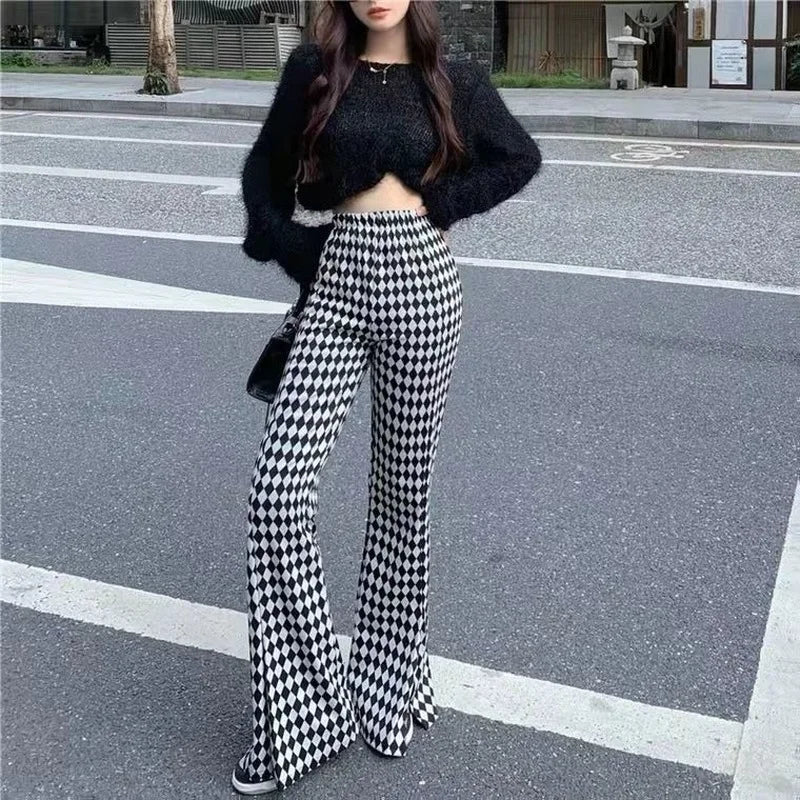 pantsparadises Green Plaid Ladies Bell Pants Checked Korean Flared Trousers for Women Vintage Flare Leggings Leg Slit Fluid Elasticity Sexy Hot