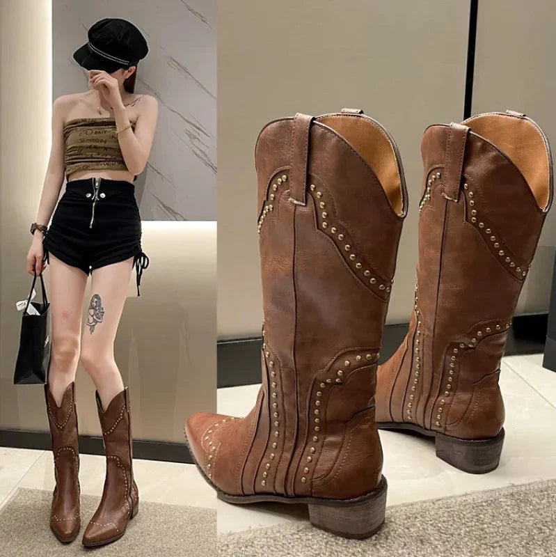 pantsparadises Studded Boots Women Low Heel Cowboy Chelsea Western Short Leather Knee High Luxury Designer Gothic New Rock Shoes Vintage