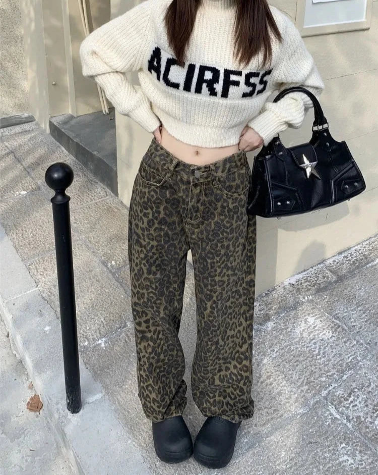 pantsparadises Vintage Leopard Print Pantalon Femme Wide Leg Pants Women High Waist Straight Y2k Jeans Casual Fashion Korean  Jean Trousers