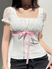 pantsparadises Sweet Y2K Ruched Square Collar Lace Sleeve White T Shirt Women Pink Bow Cute Kawaii Balletcore Clothes