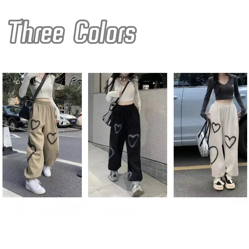 pantsparadises White Heart Leggings Sports Pants for Women Autumn New Loose Bf Lazy Casual Pants Simple Sport Pants