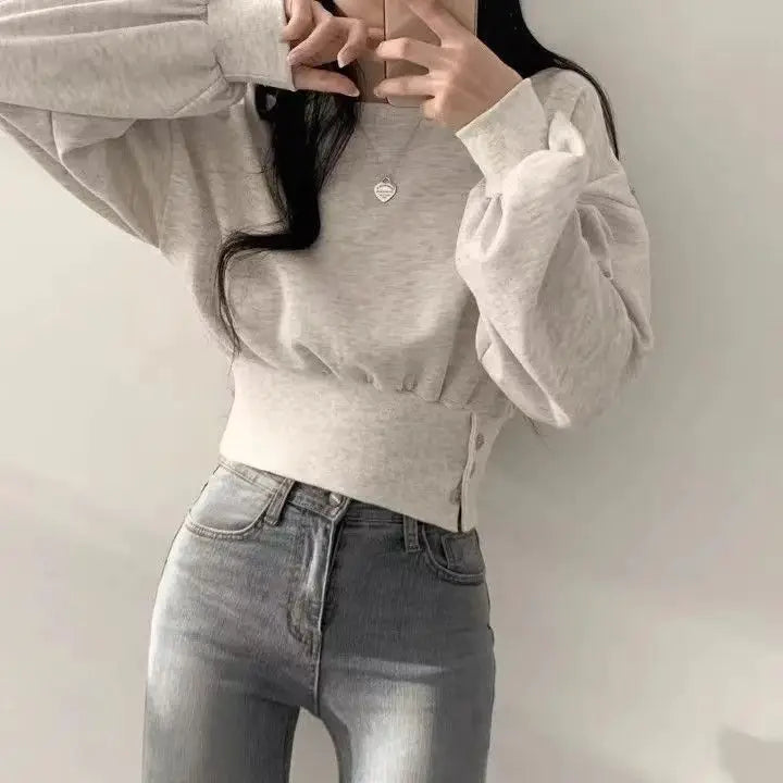 pantsparadises Korean Chic Autumn Round Neck Buckle Waist Slimming Long Sleeve Short Pullover Women Hoodie Top Gray Sweatshirt Women Clothing