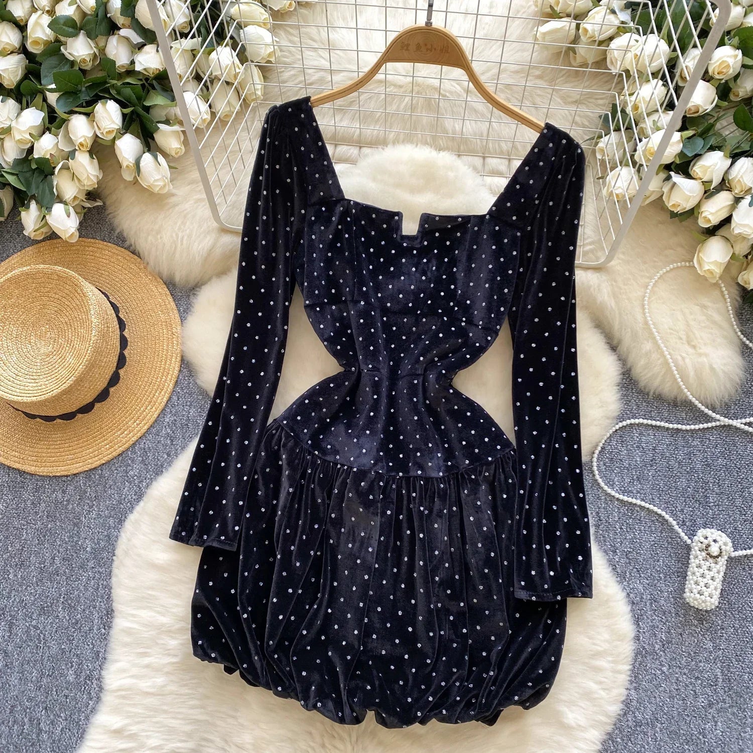 pantsparadises DRESS TO IMPRESS Elegant Square Neck Vintage Long Sleeve Chic Polka Dot Slim Velvet Dresses French Fashion Evening High Street Autumn Clothing