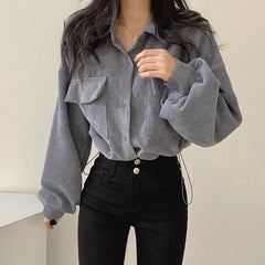 pantsparadises Corduroy Women Casual Shirts Autumn Korean Retro Pockets Female Blouse Bandage All Match Long Sleeve Ladies Ladies Crop Tops