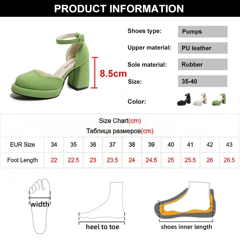 pantsparadises Green Ankle Strap Platform Pumps Women Corduroy High Heels Mary Jane Shoes Woman Elegant Chunky Heeled Party Dress Shoes