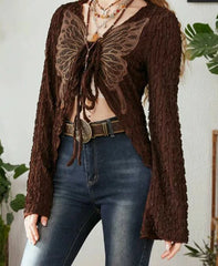 Lace Butterfly Patchwork Cardigan Top for Women Y2K Aesthetics Brown Bandage Long Sleeve T Shirts Grunge Fairycore