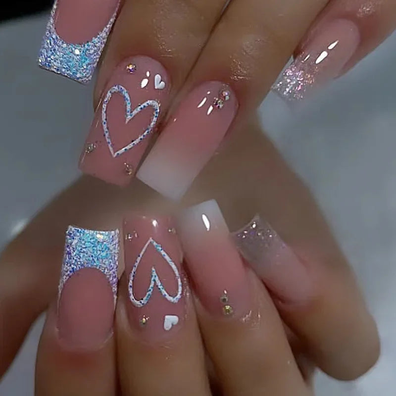 24Pcs Pink Glitter False Nails White Gradient Long Ballet with Heart French Design Wearable Fake Nails Press on Nails Tips Art