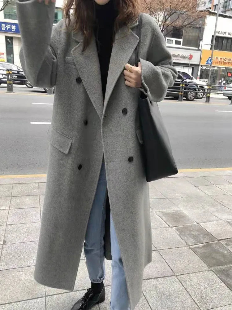 pantsparadises Office Lady Suit Collar Long Woolen Jackets Winter Korean Style Double Breasted Long Loose Women 100% Wool Coats