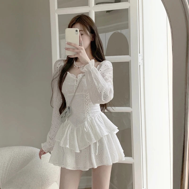 pantsparadises DRESS TO IMPRESS Spring Vintage Fairy Dress Women Sexy Korean Fashion Design Y2k Dress Female Kawaii V-neck Slim Elegant Mini Party Dresses