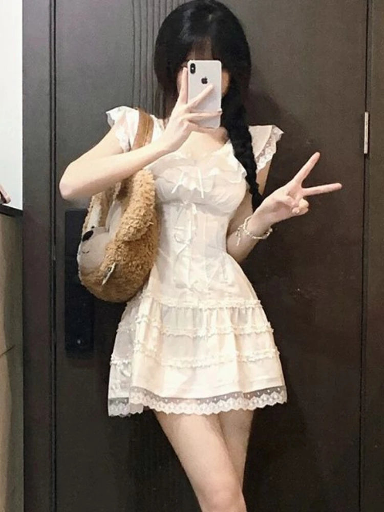 pantsparadises Y2k Coquette White Lolita Sweet White Kwaii Cute Mini Dress Women Lace Bow Princess Slip Lace Short Dresses 2024 Fashion