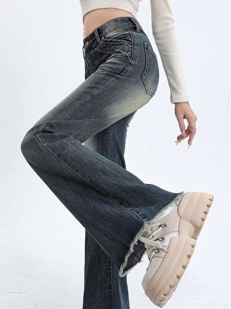 pantsparadises Blue High Waist Skinny Pants Jeans Women Autumn High Street Slimming Trumpet Denim Pants Retro Extended Version Horseshoe Pants