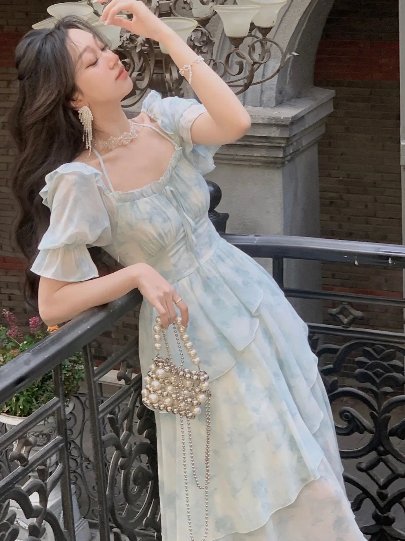 pantsparadises French Chiffon Print Midi Dress for Women New Summer Elegent Party Blue Floral Vestidos Holiday Vintage Female Clothes