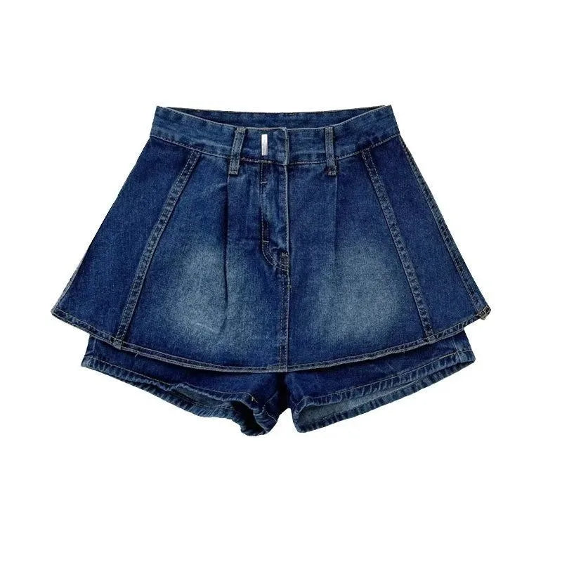 pantsparadises Fake Two Pieces High Waisted Denim Shorts Skirt Women's Summer Korean Slimming Pleated Short Dresses Spicy Girl A-line Hot Pants