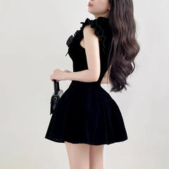 pantsparadises DRESS TO IMPRESS  Elegant Velvet Black Mini Dresses Sleeveless A-line Korean Fashion Birthday Party Coquette Sexy Ballroom Dress Women