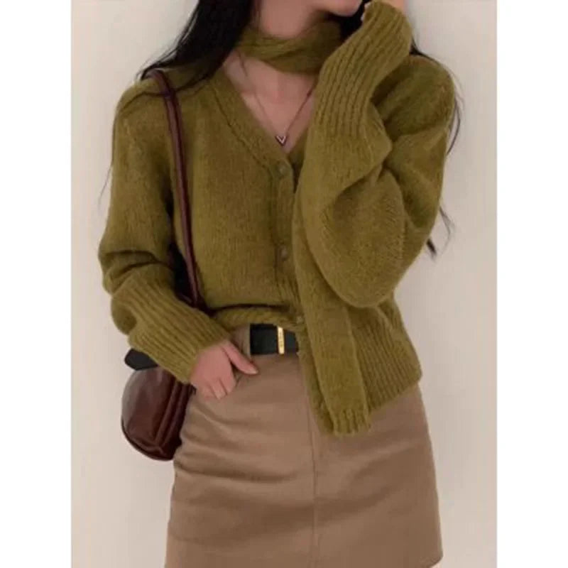 pantsparadises xmas outfits Simple Christmas Sets Knitted Cardigan Women French Chic Solid Scarf Long Sleeve V Neck Female Sweater Coat Autumn Knitwear Tops