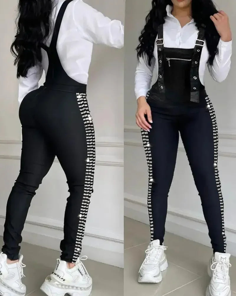 pantsparadises Summer Rhinestone Decor Buckled Suspender Jumpsuit Women Long Jumpsuits Elegant New Fashion Woman Casual Daily Clothing