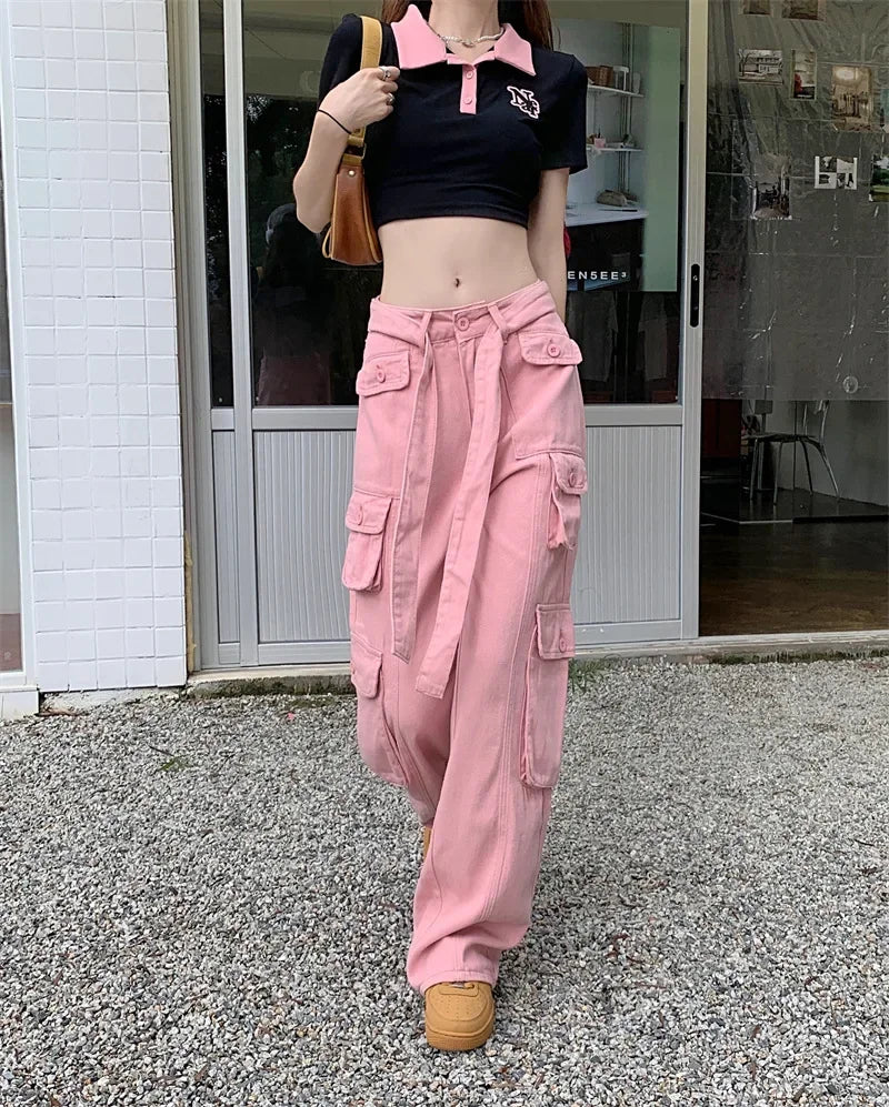 American Spice Girls Pink Jeans High Waist Vintage Street Multi Pocket Cargo Pants Women Design Sweet Cool Wide Leg Pants New