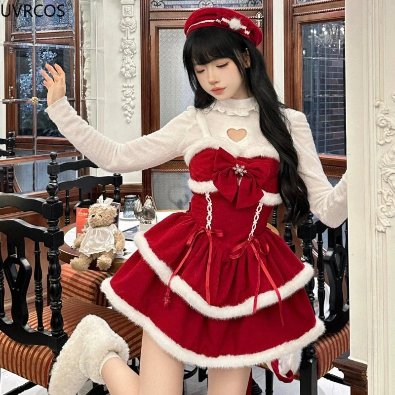 pantsparadises NEW YEAR DRESS TO IMPRESS Japanese Kawaii Lolita Dress Sets Women Hooded Shawl Short Jackets Bow Mini Skirt Korean Style Sweet Red Christmas New Year Suit