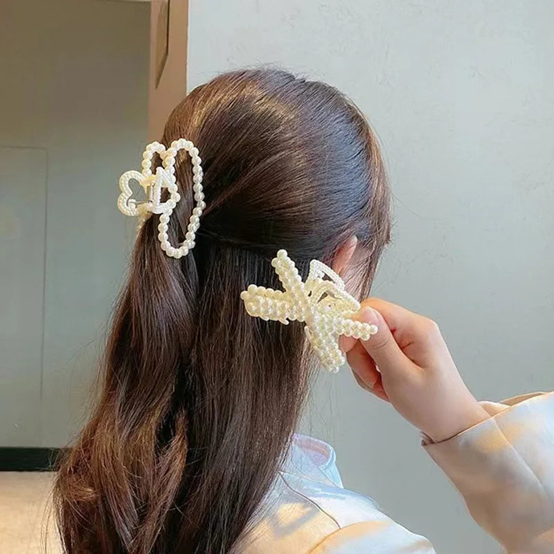 pantsparadises Korean Imitation Pearl Hairpins Geometric Hair Claws Bath Large Catch Clip Shark Clip Back Head Hair Clip Women Hair Accessories