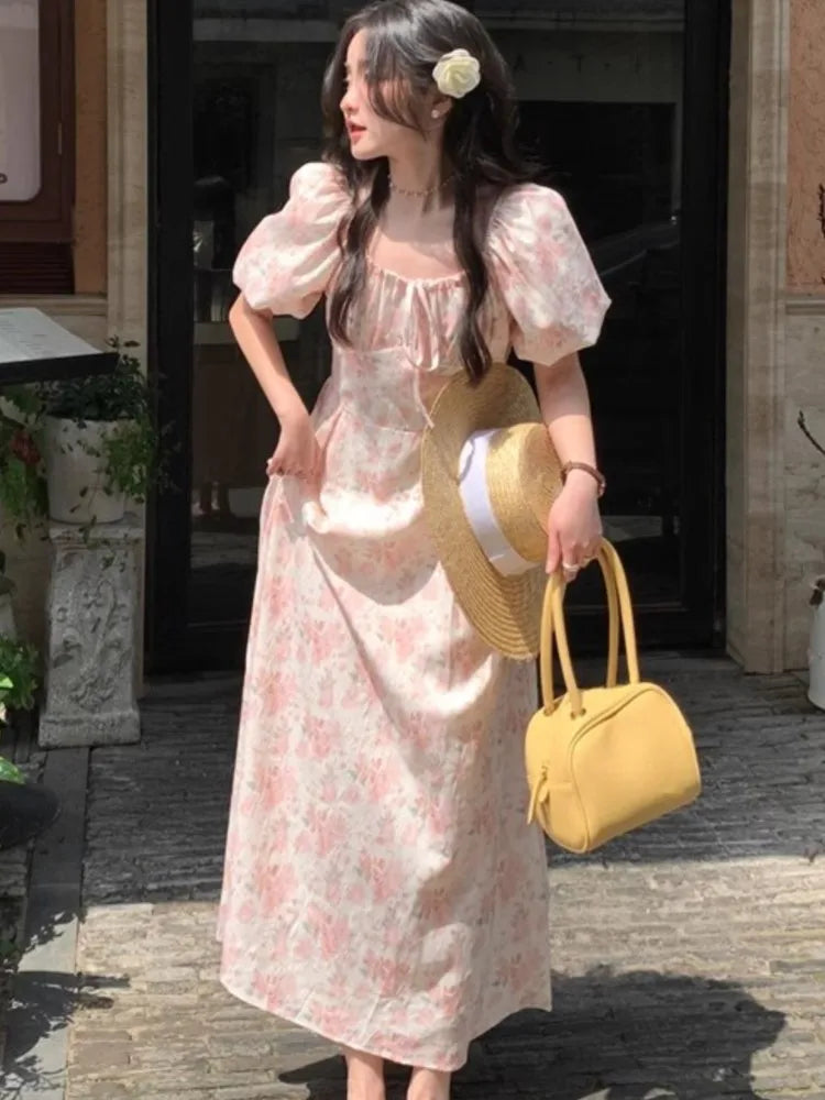 Summer Floral Printed Midi Dress Women Off Shoulder Puff Sleeve Fairy A-line Elegant Dresses Casual Korean Fahion Vestidos Mujer