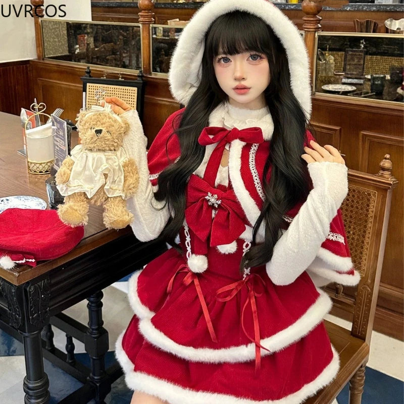 pantsparadises NEW YEAR DRESS TO IMPRESS Japanese Kawaii Lolita Dress Sets Women Hooded Shawl Short Jackets Bow Mini Skirt Korean Style Sweet Red Christmas New Year Suit