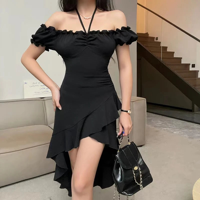 pantsparadises Summer Black A-LINE Dress Women Streetwear Sexy Off Shoulder Short Sleeves Ruffled Mid Length Dresses Club Elegant Partywear