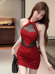 pantsparadises Sexy 3D Heart Halter Red Night Party Dress Women Summer Sweet High Waist Backless Slim Fit Sleeveless Y2k Mini Dresses