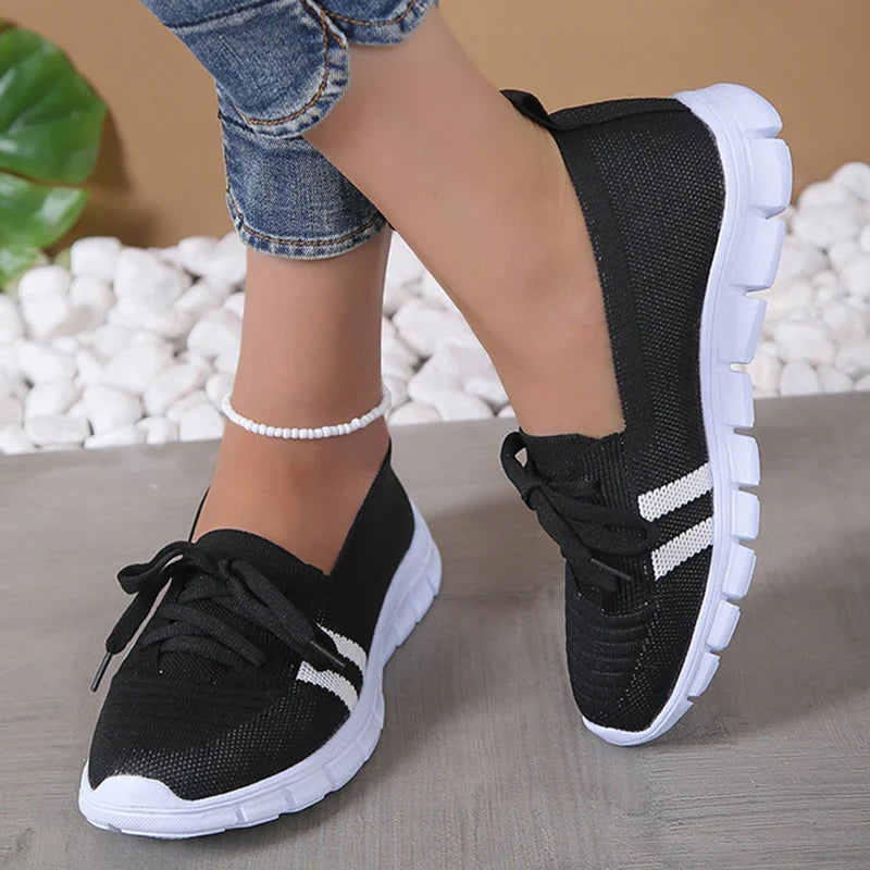 pantsparadises Mesh Knitted Striped Flats Shoes for Women Summer Lace Up Casual Sneakers Woman Breathable Soft Sole Loafers Plus Size 43