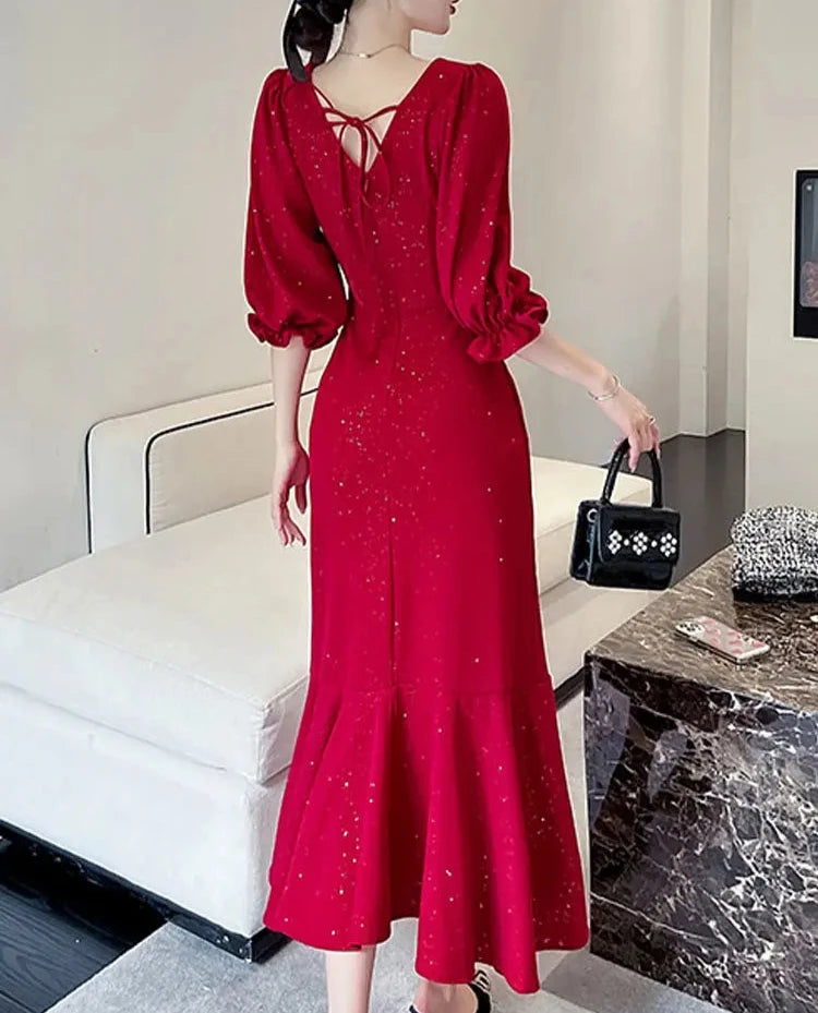 pantsparadises Elegant Midi Red Mermaid Dress Women Autumn Korean Sexy V-neck Irregular Sequins Dress Vintage Casual Evening Party Dress