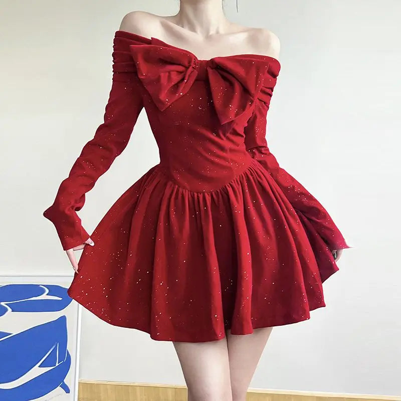 Holiday Christmas Bow Velvet A-Line Red Dress Slim Slash Neck Long Sleeve Mini Dresses For Women Autumn Winter Lady