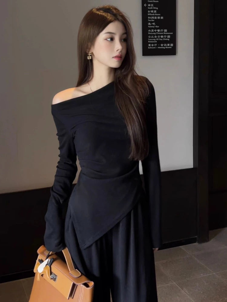 pantsparadises FALL OUTFITS Slash-neck T-shirt Women Based Long-sleeves Asymmetrical Off Shoulder Hot Slim Solid Simple Ladies Korean-style Elegant Trendy