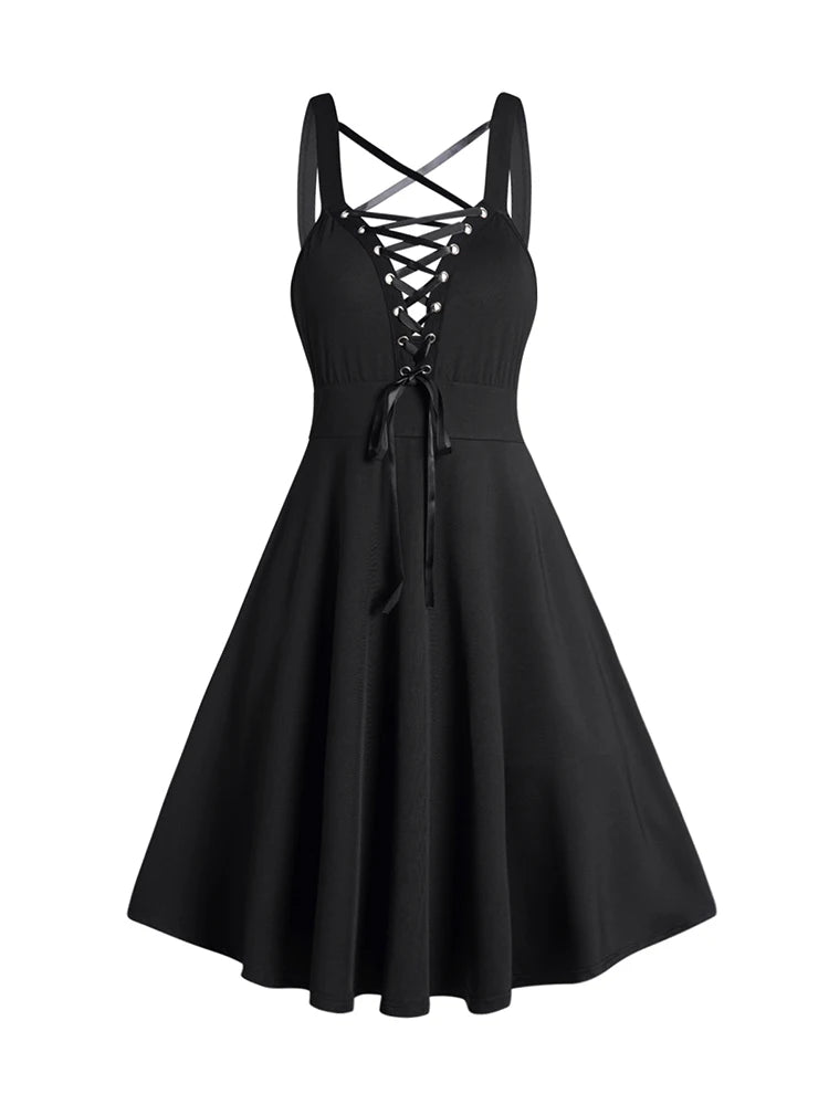 pantsparadises Gothic Dress Lace Up Buckle Strap Crisscross Plunging Neck High Waisted A Line Mini Dress 2024 Women Summer Black Dress Vestidos