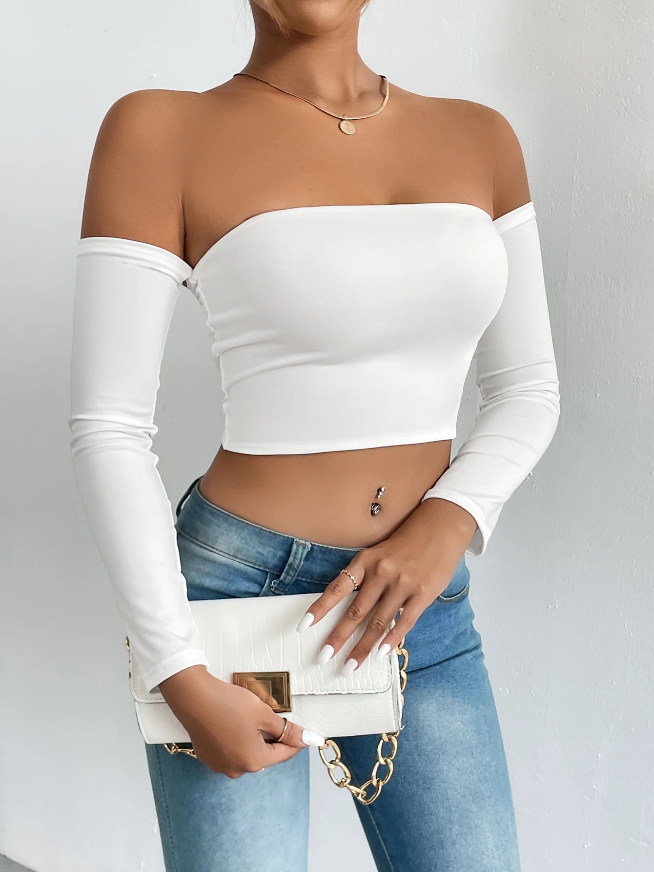 pantsparadises Off Shoulder Crop T-Shirt, Casual Long Sleeve Top For Spring & Fall, Women's Clothing