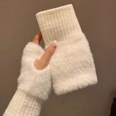 pantsparadises Mink Fleece Soft Winter Half Finger Gloves Women Warm Luxury Solid White Plush Knitted Fingerless Gloves Wrist Mittens Writting