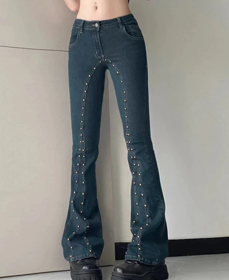 Hotsweet Cowboy Girl Chic Rivets Flare Jeans for Women Vintage Slim Low Waisted Jean Pants Aesthetic Y2K Denim Trousers