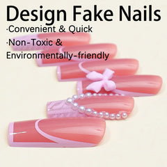 pantsparadises French Pink Press on Nails with Pearl Sweet & Charming Reusable False Nails for Shopping Traveling Dating