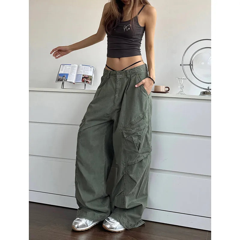 pantsparadises NEW Green Jeans for Women High Quality High Waist American Wide Leg Pants Solid Y2K Vintage Straight Summer Trousers