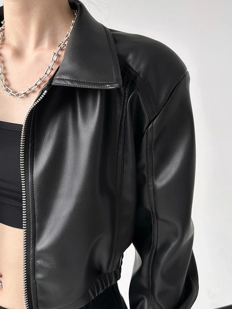 pantsparadises Jackets PU Leather Women Black Lapel Long Sleeve Crop Coats American Retro Streetwear Zipper Fashion Casual Female Outerwear