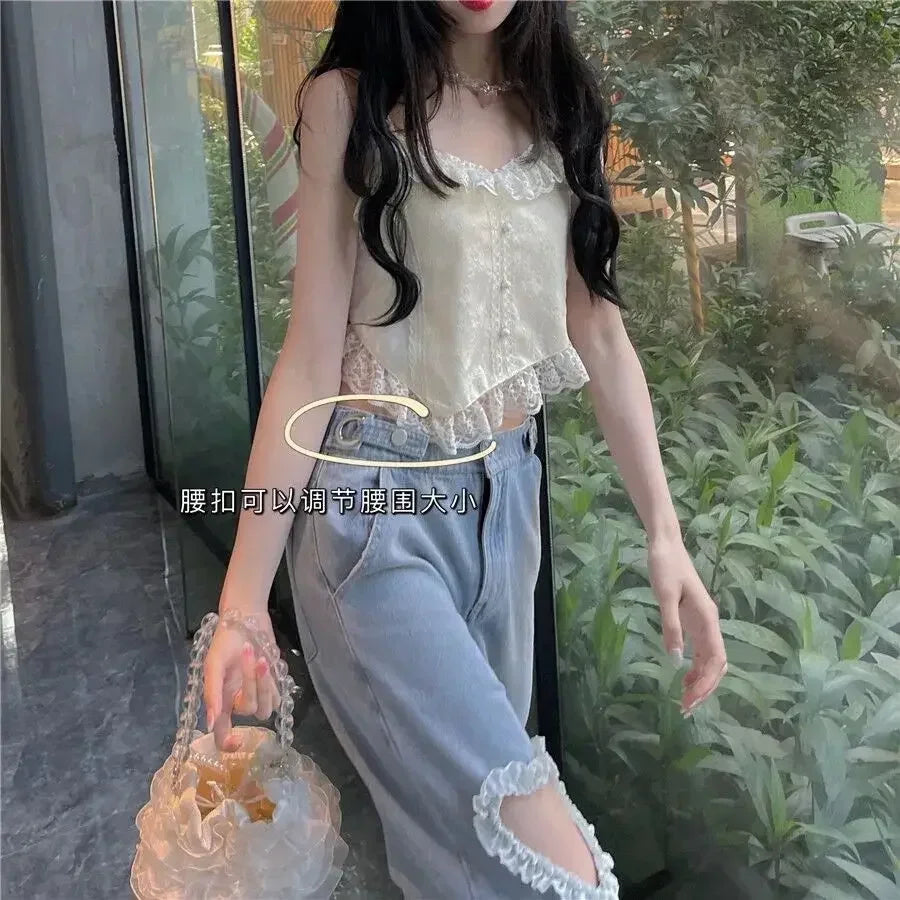 pantsparadises Harajuku Cyber Y2k Trousers Sweet Korean Style Kawaii Lace Stitching Jeans Women Love Hole Streetwear High-waist Wide-leg Pants