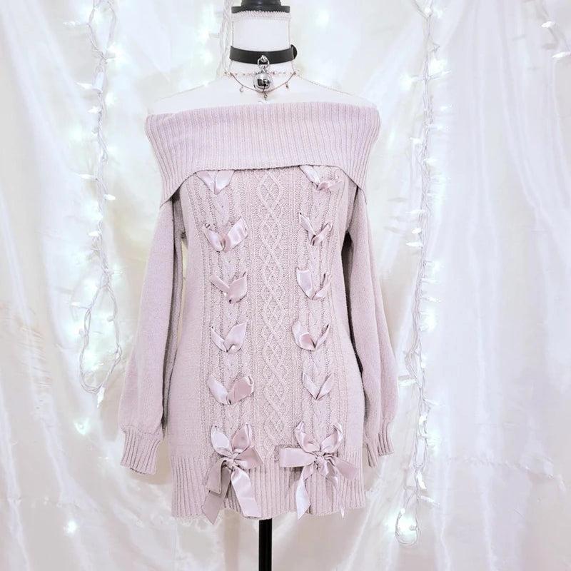 pantsparadises Cottage Fairy 00s Vintage Knitted Dress Japanese Off Shoulder Pullovers Mini Dress Fairy Y2K Kawaii Tie Up Retro Sweater Dress