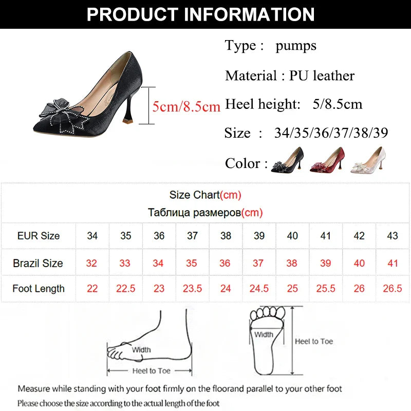 pantsparadises Rhinestone Bowtie Pointed Toe Women's Pumps New Spring Satin Bridal Wedding Shoes Shallow Woman Pumps Stiletto Red