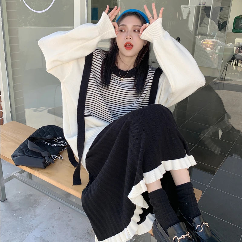 pantsparadises DRESS TO IMPRESS Japanese Vintage Knitted Skirt Women Black Patchwork Party Korean Y2k Skirt Female 2021 Winter Casual High Street Gothic Clothes