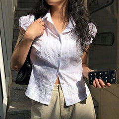 pantsparadises Vintage y2k Cropped Top Women Button Up Puff Sleeve White Blouse Korean Style T-shirt Casual Streetwear Tee 90s Harajuku