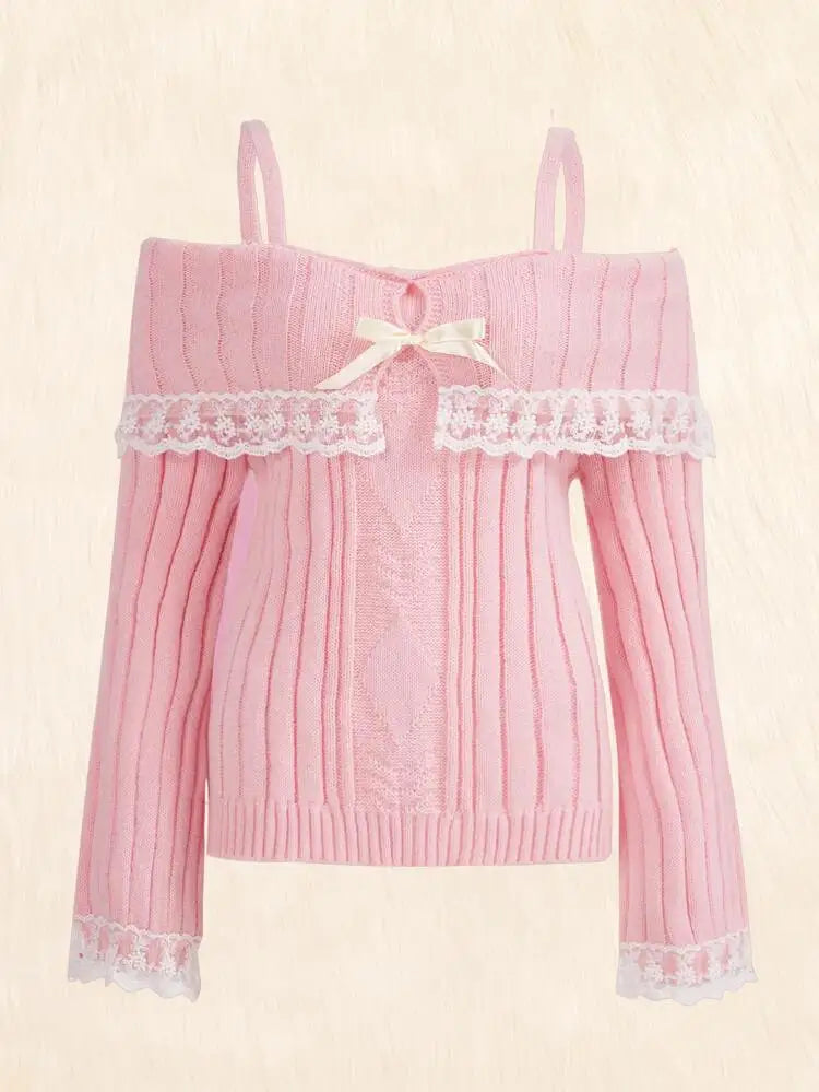 pantsparadises WINTER OUTFITS Grunge Women Off Shoulder Knit Sweater Pink Pullover Sweet Pullovers  Long Sleeve Bow Lace Patchwork Jumpers Y2k Streetwear