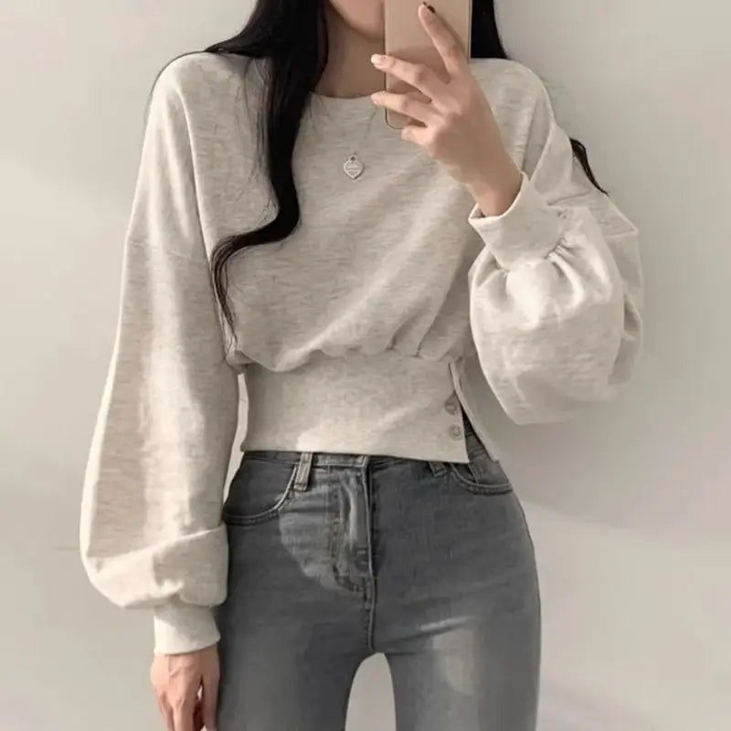 pantsparadises Korean Chic Autumn Round Neck Buckle Waist Slimming Long Sleeve Short Pullover Women Hoodie Top Gray Sweatshirt Women Clothing