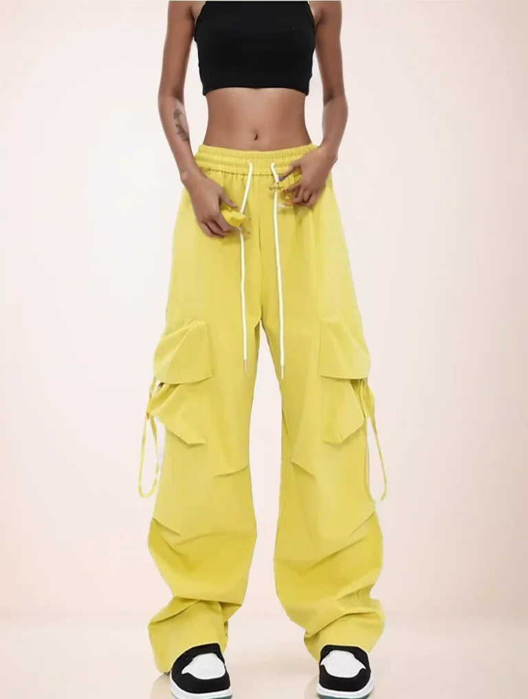 pantsparadises Women Y2K Cargo Pants High Waist Streetwear Hip Hop Trousers Female Big Pockets Casual Student Drawstring Baggy Sweatpants