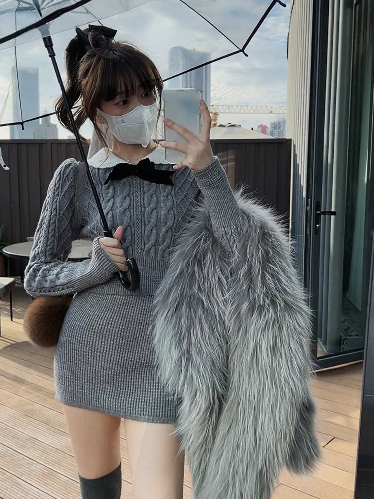 pantsparadises Autumn Knitted 2 Piece Dress Set Women Sexy Bodycon Mini Skirt + Long Sleeve Short Sweater Female Retro Casual Korean Suit