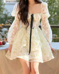 Spring Vintage Floral Dress Women Casual Korean Party Long Sleeve Fairy Dresses Female Evening High Street Sexy Mini Dress