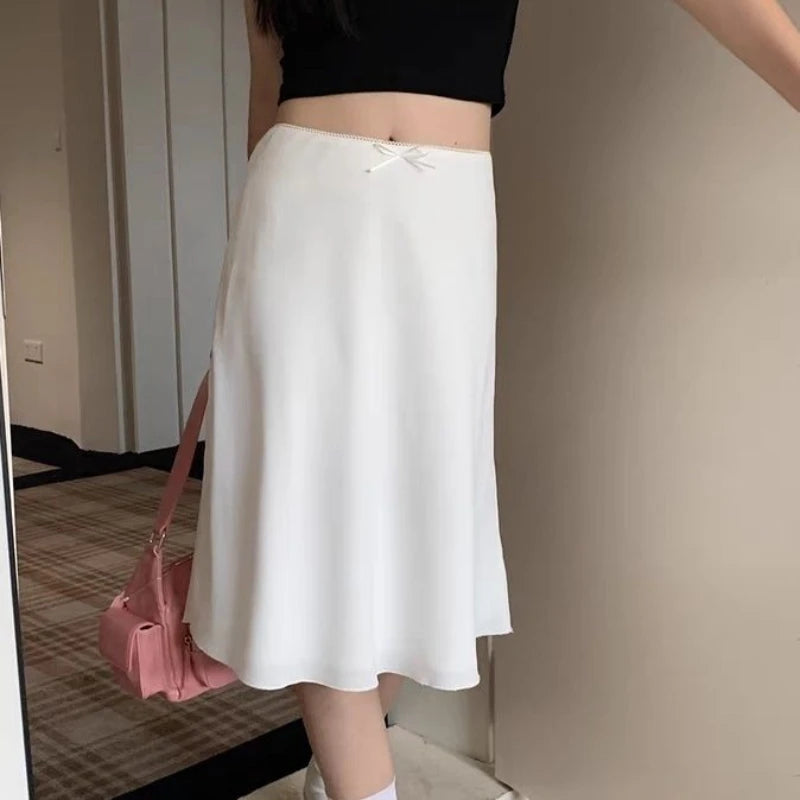 pantsparadises Elegant White Women Satin Skirt Fairycore Ruffle Mid Skirts Coquette A-line Basic Casual Korean Style Summer Silk Skirt